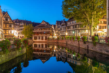 Sunset view of colorful houses at Petite France district in Strasbourg, Germanyの写真素材