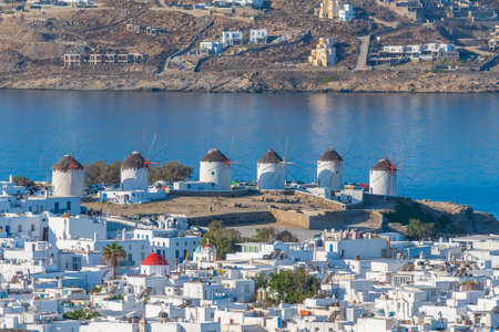 Windmills overlooking aegean sea at Mykonos, Greece