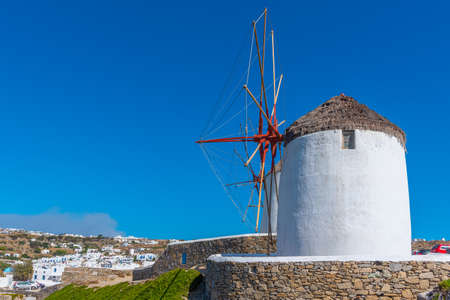 Windmills overlooking aegean sea at Mykonos, Greece