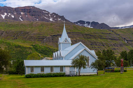 Blue church at Seydisfjordur on Icelandの写真素材
