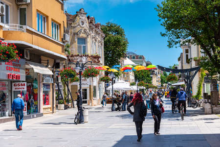 Bourgas, Bulgaria, May 23, 2020: View of a street in the center of Bourgas, Bulgaria