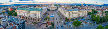 Sofia, Bulgaria, June 3, 2020: Sunset view of Largo square in Sofia with national assembly building...