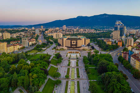 Sofia, Bulgaria, July 1, 2020: Sunset aerial view of the National Palace of Culture in Sofia,...