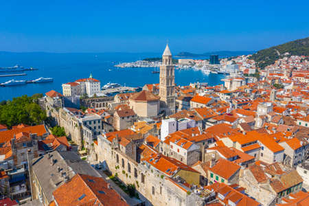 Split, Croatia, July 24, 2020: aerial view of old town of Split dominated by belltower of Saint Domnius cathedral, Croatiaのeditorial素材