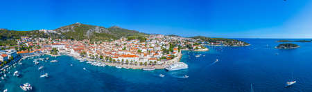Hvar, Croatia, July 29, 2020: Aerial view of Croatian town Hvarのeditorial素材