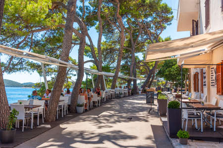 Korcula, Croatia, July 28, 2020: View of seaside promenade in the old town of Korcula, Croatiaのeditorial素材