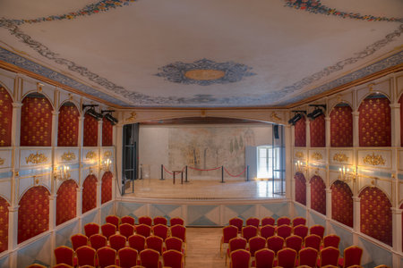 Hvar, Croatia, July 29, 2020: Stage of historical theater in Arsenal building at Hvar, Croatiaのeditorial素材