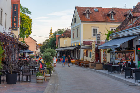 Zagreb, Croatia, August 1, 2020: Sunset view of Tkalcica street in Zagreb, Croatiaのeditorial素材