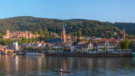 Heidelberg, Germany, September 17, 2020: Panorama of Heidelberg behind Neckar river, Germanyのeditorial素材