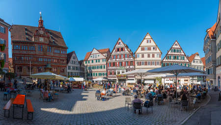 Tubingen, Germany, September 19, 2020: Decorated town hall at the Marktplatz at the old town of Tubingen, Germanyのeditorial素材