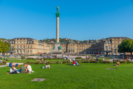 Stuttgart, Germany, September 18, 2020: People are enjoying a sunny day at Schlossplatz in Stuttgart, Germanyのeditorial素材