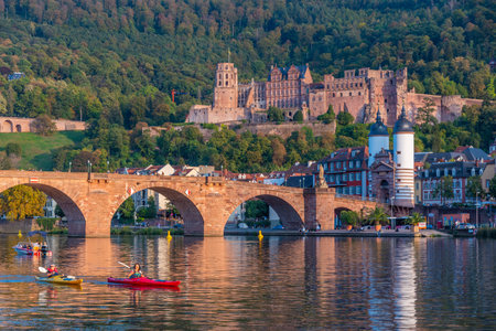 Heidelberg, Germany, September 17, 2020: Panorama of Heidelberg behind Neckar river, Germanyのeditorial素材