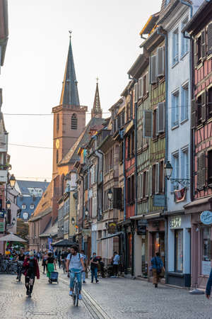 Strasbourg, France, September 21, 2020: People are strolling through a narrow street in the old town of Strasbourg, Franceのeditorial素材