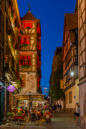 Strasbourg, France, September 20, 2020: Night view of restaurants on a street in the old town of Strasbourg, Franceのeditorial素材