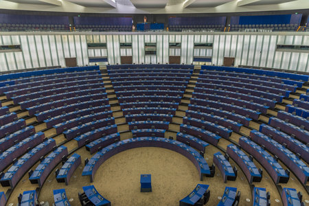 Strasbourg, France, September 22, 2020: Hemicycle assembly hall of the European parliament building in Strasbourg, Franceのeditorial素材