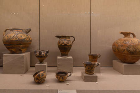 Santorini, Greece, September 25, 2020: Clay vessels at the historical museum in Fira, Greeceのeditorial素材