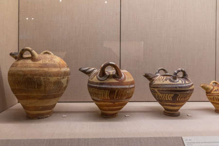Santorini, Greece, September 25, 2020: Clay vessels at the historical museum in Fira, Greeceのeditorial素材