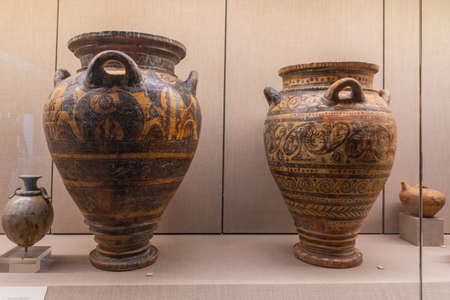 Santorini, Greece, September 25, 2020: Clay vessels at the historical museum in Fira, Greece