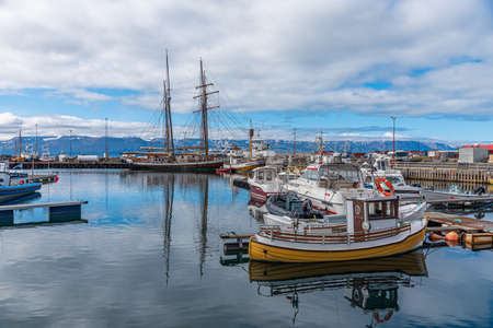 Husavik, Iceland, August 17, 2020: Boats mooring in the port of Husavik, Icelandのeditorial素材