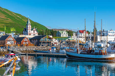 Husavik, Iceland, August 17, 2020: View of the port of Husavik, Icelandのeditorial素材