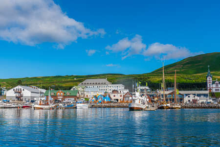 Husavik, Iceland, August 17, 2020: View of the port of Husavik, Icelandのeditorial素材