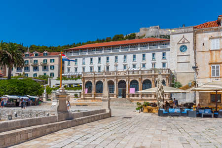 Spanjola fortress viewed behind loggia in Hvar, Croatiaのeditorial素材