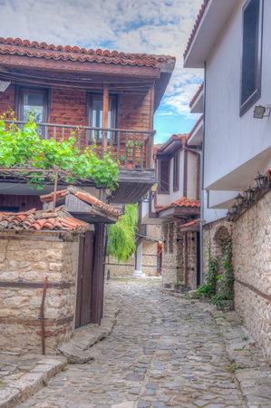 Traditional street in the old town of Nessebar, Bulgariaの写真素材