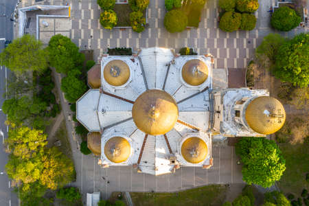 Aerial view of the Dormition of the Theotokos Cathedral in Varna, Bulgariaの写真素材
