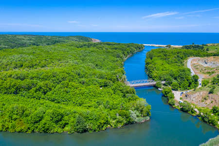 Aerial view of Strandzha mountains and veleka river in bulgariaの写真素材