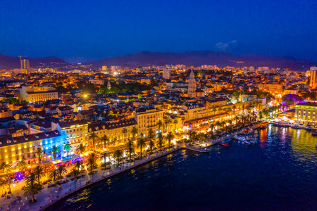 Night aerial view of Croatian city Splitの写真素材