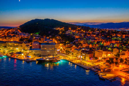 Night aerial view of Marjan hill in Split, Croatiaの写真素材