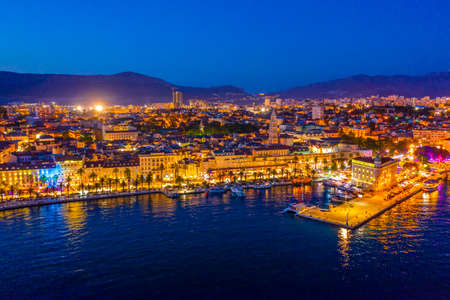 Night aerial view of Croatian city Splitの写真素材