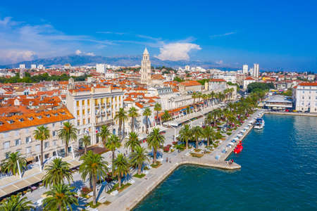 Aerial view of cityscape of Croatian city Split behind Riva promenadeの写真素材