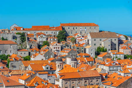 Aerial view of red rooftops of old town of Dubrovnik, Croatiaの写真素材