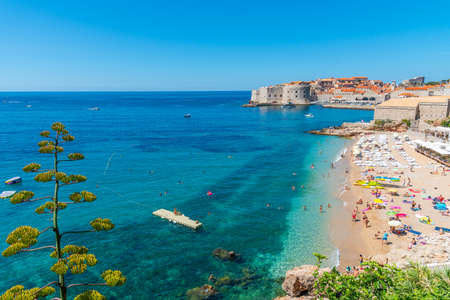 Aerial view of Dubrovnik behind a beach, Croatiaの写真素材