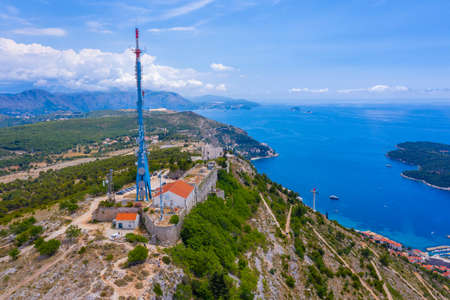 Aerial view of fort Imperial in Croatian town Dubrovnikの写真素材