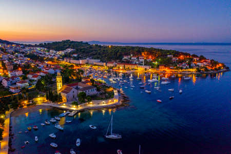 Sunrise view of marina at Croatian town Hvarの写真素材