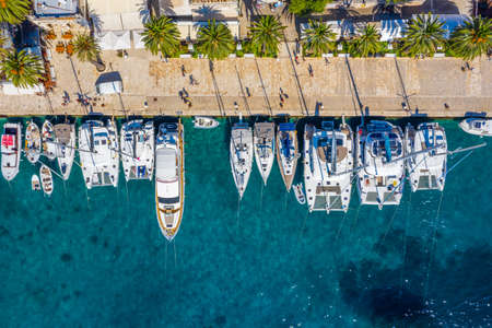 Overhead view of boats mooring in the port of Hvar, Croatia