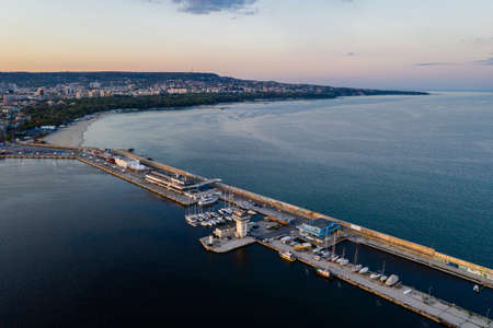 Sunset aerial view of a breakwater in the port of Varna in Bulgariaのeditorial素材