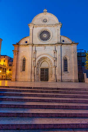 Night view of staircase leading to the Saint James cathedral in Sibenik, Croatiaの写真素材