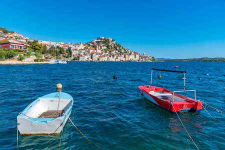 Skyline of Sibenik with Saint James cathedral and fortress of Saint Michael, Croatiaの写真素材