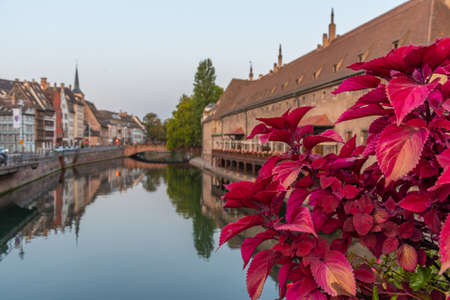 Sunset view of the waterfront of a channel passing ancienne douanne building in Strasbourg, Franceの写真素材