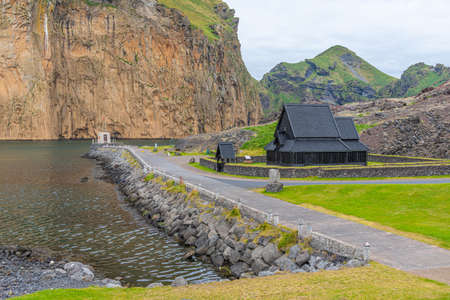 Replica of a historical stave church at a skansen at Heimaey, Icelandの写真素材