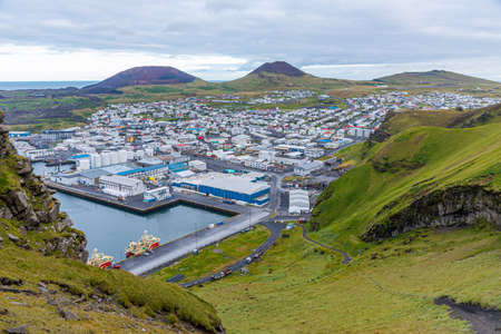 Panorama of Heimaey island with Eldfell and Helgafell volcanos, Icelandの写真素材