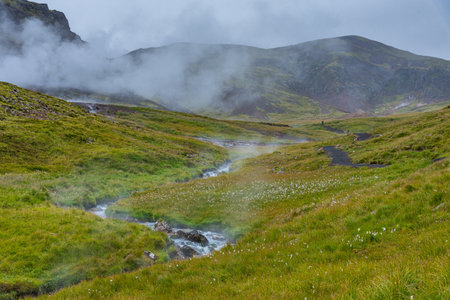 Reykjadalur valley during a cloudy day, Icelandの写真素材