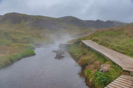 Hot springs at Reykjadalur valley in Icelandの写真素材