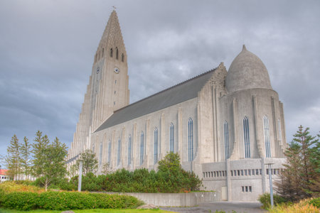 Hallgrimskirkja cathedral in Reykjavik druing a cloudy day, Icelandの写真素材