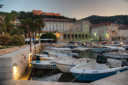 Hvar, Croatia, July 29, 2020: Sunrise view of waterfront of Hvar town in Croatiaのeditorial素材