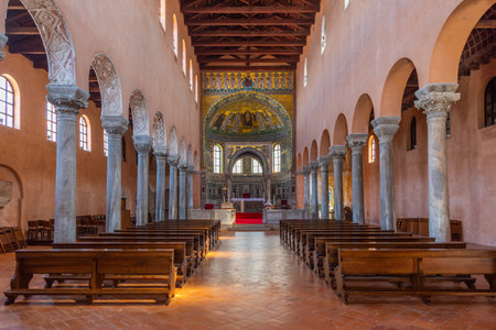 Porec, Croatia, July 31, 2020: Beautiful interior of the episcopal basilica in Porec, Croatiaのeditorial素材
