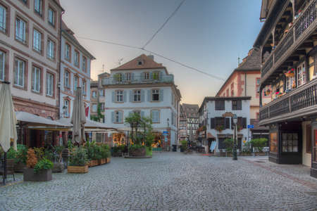 Strasbourg, France, September 21, 2020: Sunrise view of a narrow street in the old town of Strasbourg, Franceのeditorial素材